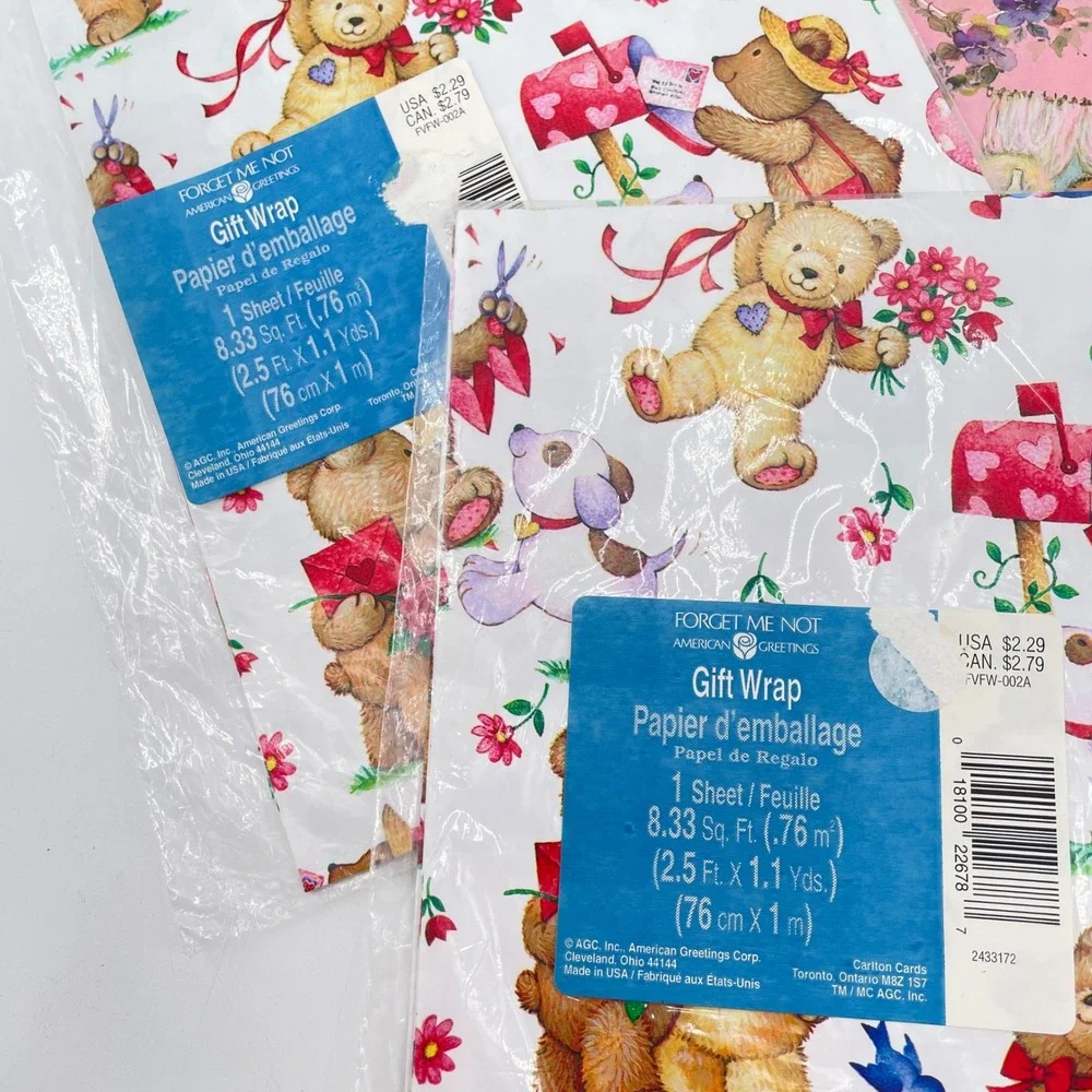Hallmark American Greetings Vintage Gift Wrap Ribbon Lot Pink Floral Bear 1980s